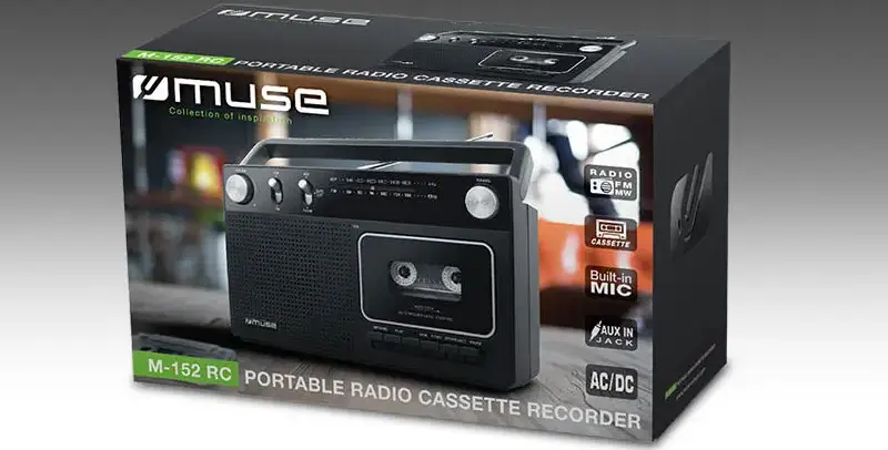 Muse M-152 RC Portable Radio Cassette Recorder, ABS Plastic Body, FM/MW Analog Tuner, Built-in Speaker & Mic, LED Flashlight, 3.5mm Aux-in, AC/DC Power, Black