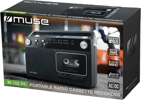 Muse M-152 RC Portable Radio Cassette Recorder, ABS Plastic Body, FM/MW Analog Tuner, Built-in Speaker & Mic, LED Flashlight, 3.5mm Aux-in, AC/DC Power, Black