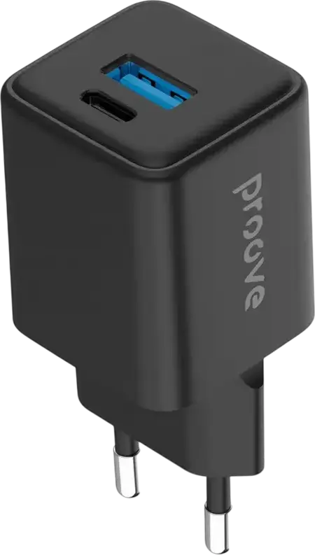 Proove Pocket GaN 30W Compact Mini Charger, PD 3.0 QC 4+ PPS Fast Charging, Dual Ports USB-C & USB-A, EU Plug, Fire-resistant Polycarbonate, Black