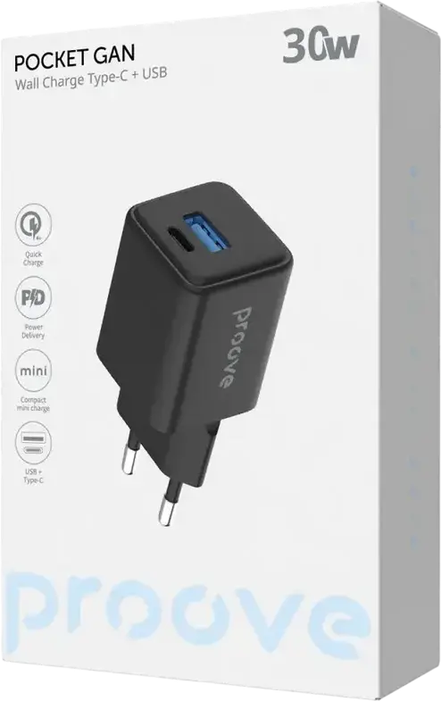 Proove Pocket GaN 30W Compact Mini Charger, PD 3.0 QC 4+ PPS Fast Charging, Dual Ports USB-C & USB-A, EU Plug, Fire-resistant Polycarbonate, Black
