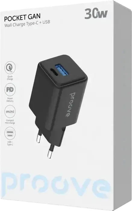 Proove Pocket GaN 30W Compact Mini Charger, PD 3.0 QC 4+ PPS Fast Charging, Dual Ports USB-C & USB-A, EU Plug, Fire-resistant Polycarbonate, Black