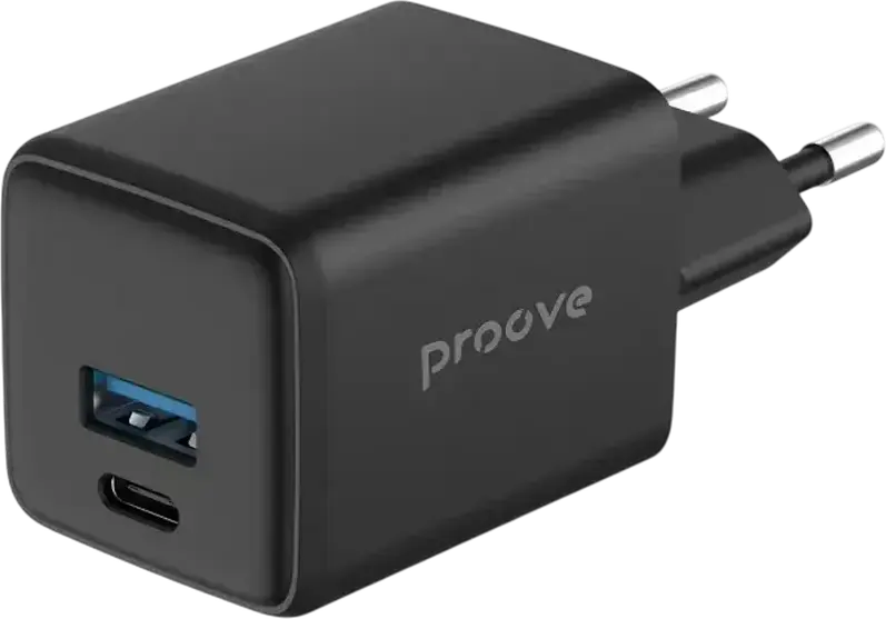 Proove Pocket GaN 30W Compact Mini Charger, PD 3.0 QC 4+ PPS Fast Charging, Dual Ports USB-C & USB-A, EU Plug, Fire-resistant Polycarbonate, Black