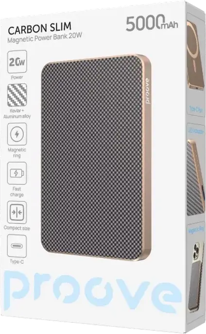 Proove Carbon Slim 20W Power Bank 5000mAh, Gold, PD3.1 QC3.0 Fast Charging, 15W Wireless Qi Charging, Kevlar and Aluminum Alloy, Ultra Slim Portable Battery