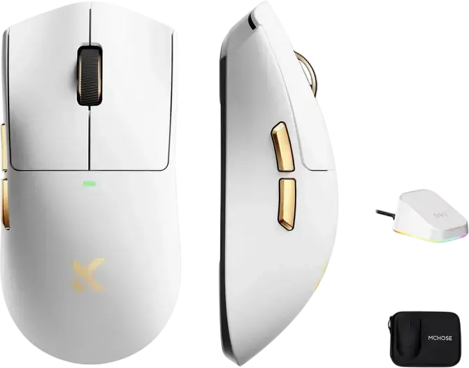 Mouse Gaming MCHOSE K7 Ultra Tri-mod, Alb Gold, Senzor PixArt PAW3950 42K DPI, Polling Rate 8000Hz, Switch-uri Omron, Greutate 59g, Picioare PTFE, Wired/Wireless, cu Doc de Încărcare Magnetic