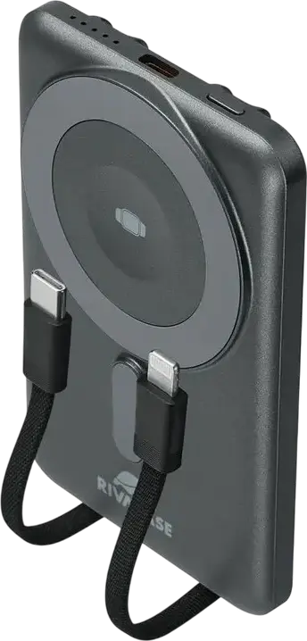 Rivacase VA2607 Magnetic Wireless Power Bank 5000mAh 22.5W Fast Charge with Built-in USB-C & Lightning Cables, MagSafe and iWatch Charging, Stand, Color: Black