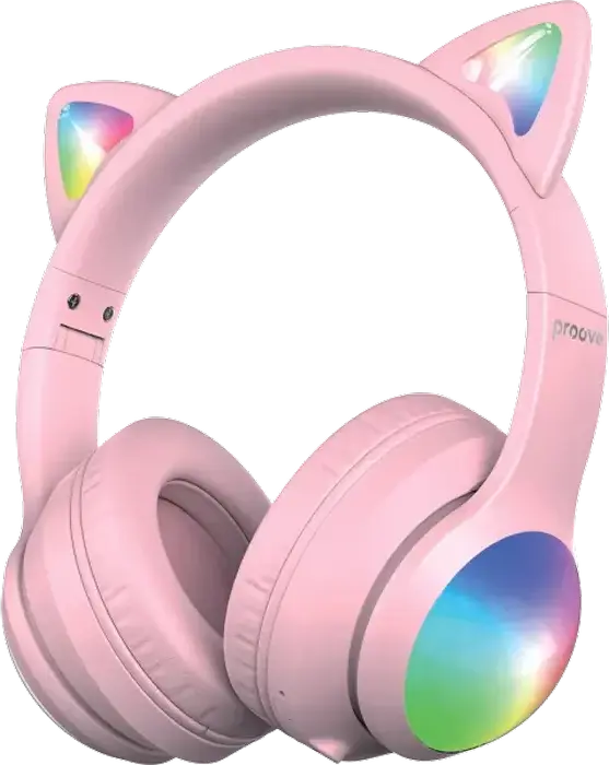Casca Wireless Over-Ear Proove Kids LumiCat, Roz, Bluetooth 6.0, Difuzoare 40mm, Volum Sigur pentru Copii (75/85/95dB), Baterie 100h, Game Mode, USB-C, AUX