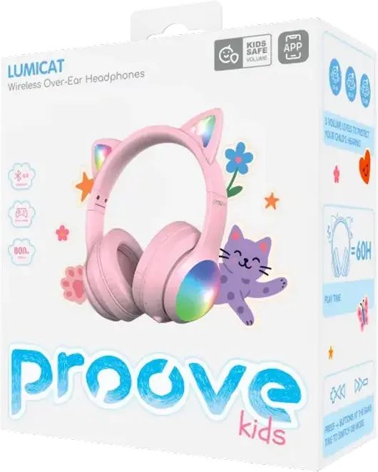 Casca Wireless Over-Ear Proove Kids LumiCat, Roz, Bluetooth 6.0, Difuzoare 40mm, Volum Sigur pentru Copii (75/85/95dB), Baterie 100h, Game Mode, USB-C, AUX