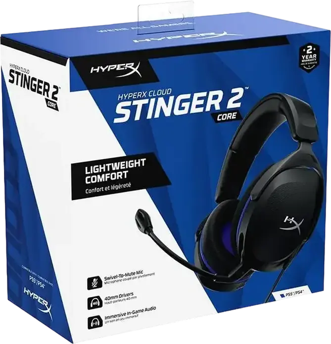 Игровая гарнитура HyperX Cloud Stinger 2 Core 6H9B6AA, закрытого типа, динамические драйверы 40 мм, микрофон с шумоподавлением Swivel-to-Mute, проводное подключение 3.5 мм для PC, PS4, PS5