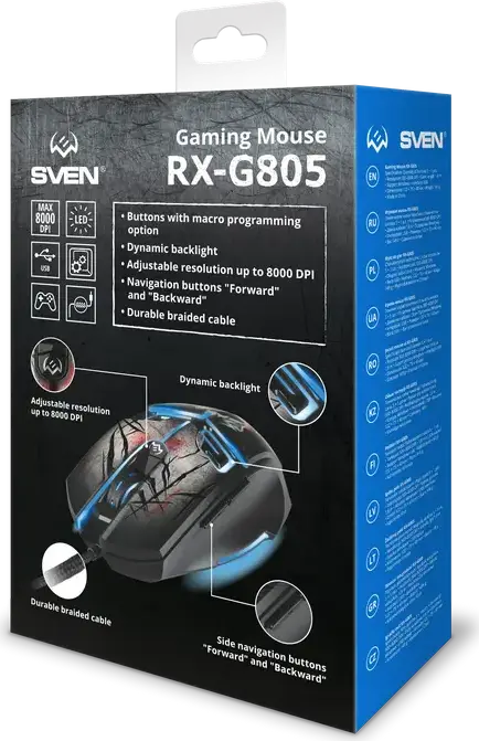 SVEN RX-G805 Wired Optical Gaming Mouse, 500-8000 DPI Adjustable, 6 Programmable Macro Buttons, Dynamic Backlight, Braided Cable, Ergonomic Black