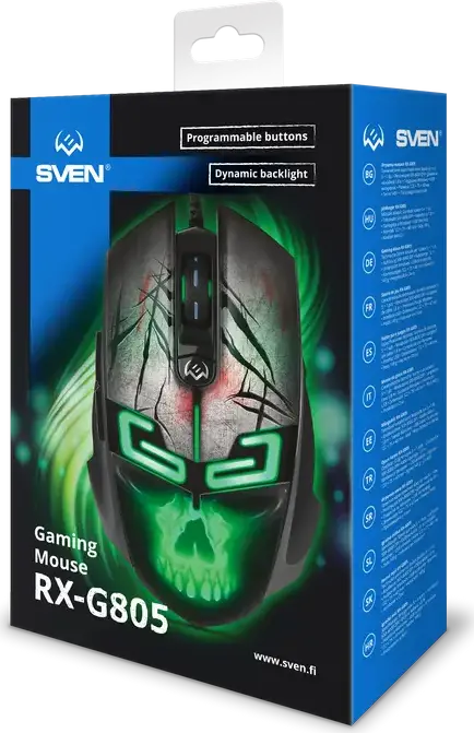SVEN RX-G805 Wired Optical Gaming Mouse, 500-8000 DPI Adjustable, 6 Programmable Macro Buttons, Dynamic Backlight, Braided Cable, Ergonomic Black