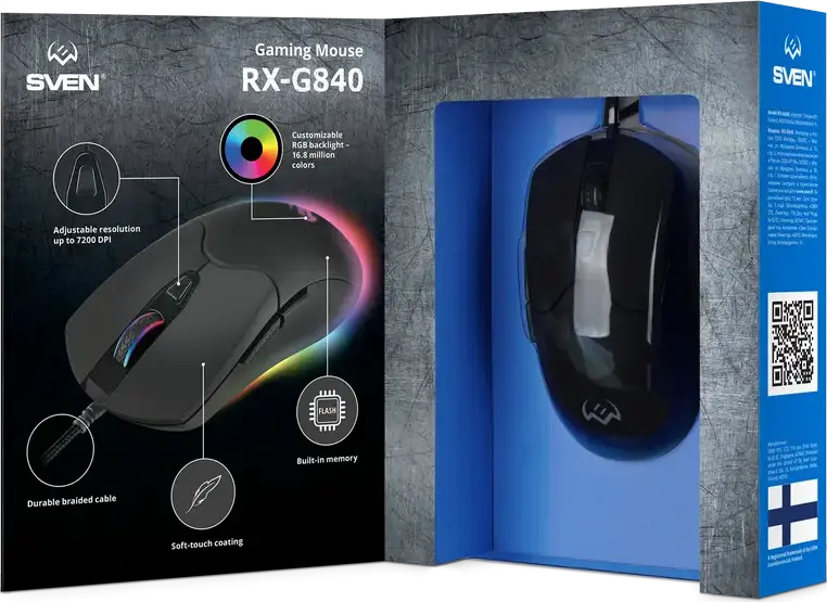 SVEN RX-G840 Wired Gaming Mouse, USB Interface, Optical Sensor 200-7200 DPI, 6 Programmable Buttons with Macros, RGB Backlight, On-board Memory, Braided Cable, Black