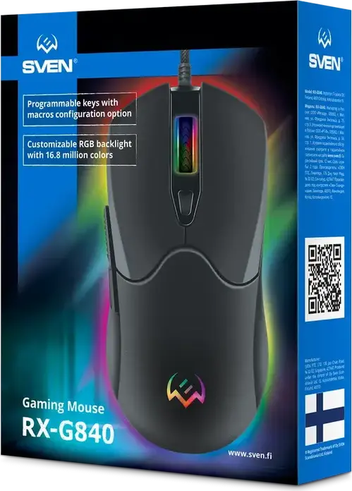 SVEN RX-G840 Wired Gaming Mouse, USB Interface, Optical Sensor 200-7200 DPI, 6 Programmable Buttons with Macros, RGB Backlight, On-board Memory, Braided Cable, Black