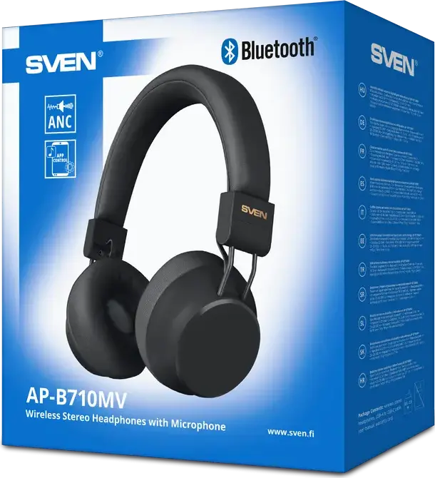 SVEN AP-B710MV Wireless Stereo Overhead Headphones, Black, Bluetooth 5.4, ANC, 40mm Drivers, 90h Battery, IPx4, USB Type-C, Cable 1.2m