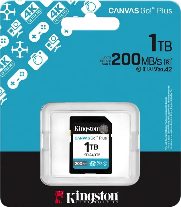 Kingston Canvas Go! Plus SD (SDG4) 1024GB Memory Card, UHS-I U3 V30 Class 10, Up to 200MB/s Read, Waterproof X-Ray Proof, for 4K UHD Video and DSLR Cameras