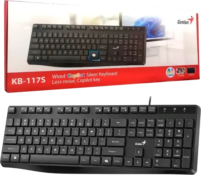 Genius KB-117S Wired USB Membrane Keyboard, Color: Black, Chocolate-style Silent Keys, Dedicated AI Copilot Key, 12 Shortcut Keys, Palm Rest