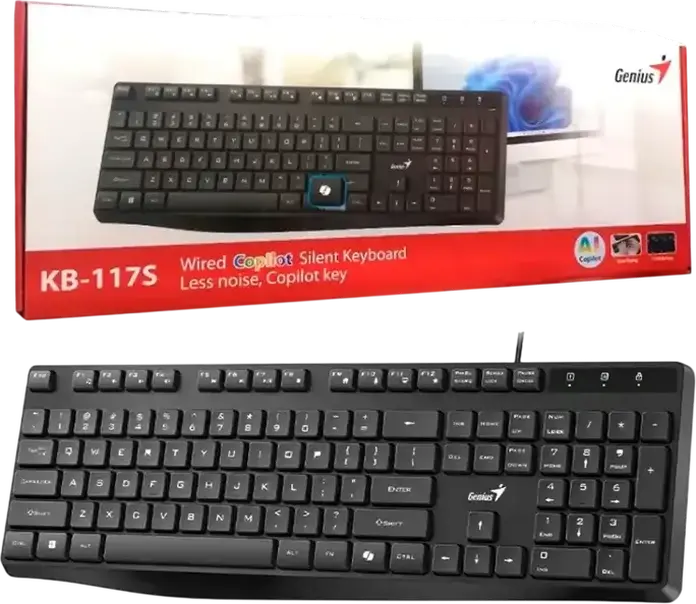 Genius KB-117S Wired USB Membrane Keyboard, Color: Black, Chocolate-style Silent Keys, Dedicated AI Copilot Key, 12 Shortcut Keys, Palm Rest