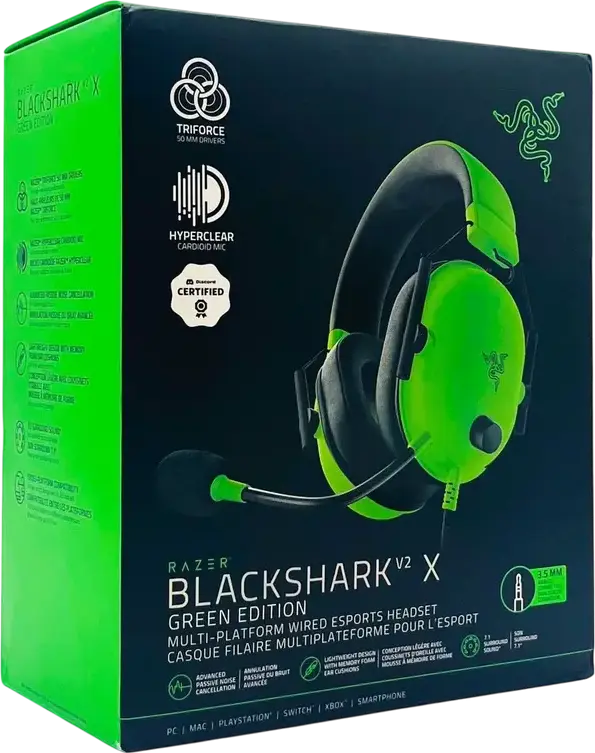 Casca Gaming Razer BlackShark V2 X cu fir - Verde, Drivere TriForce 50mm, Microfon Cardioid HyperClear, Sunet Surround 7.1, Perne din spumă cu memorie, Jack 3.5mm
