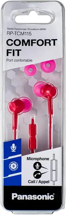 Căști Panasonic RP-TCM115 intraauriculare tip canal, Roz, cu microfon și control inline, jack 3.5mm mini-jack în formă de L, Comfort Fit, cablu 1.2m