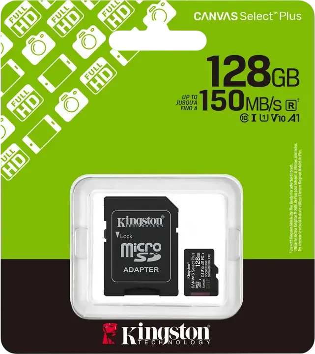 Card Memorie Kingston Canvas Select Plus 128GB microSDXC SDCS3/128GB, UHS-I U3 V30 A1 Clasa 10, Viteza de Citire pana la 150MB/s, cu Adaptor SD