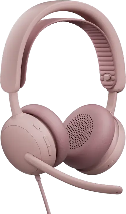 Casca Logitech Zone Wired 2 cu fir, Roz, ANC Hibrid Adaptiv, Microfoane Duale cu Anulare Zgomot AI, USB-C/USB-A, Drivere 40mm, Certificată Microsoft Teams și Zoom