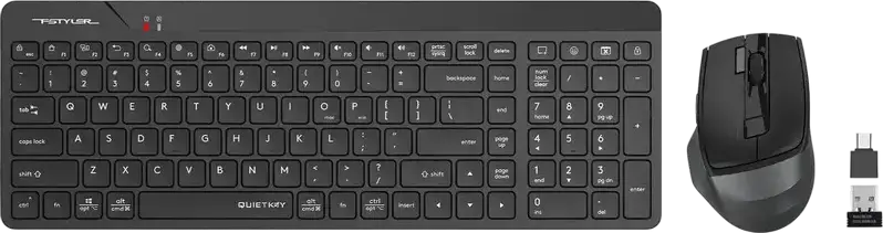 A4Tech FG2400 Air2 Wireless Keyboard and Mouse Combo, 2.4GHz, Membrane QuietKey Chocolate Keys, Optical Mouse with Air Mode & 2000 DPI, Color: Black