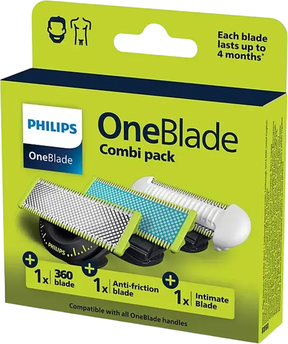 Set Lame de Rezerv Philips OneBlade QP936/50 Combi Pack - Lame 360, Anti-frecare și Intime SkinProtect pentru toate mânerele, Utilizare Umed și Uscat