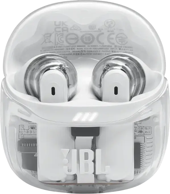 Casca JBL Tune Flex 2 Ghost True Wireless, Albă, Drivere Dinamice 12mm, Anulare Adaptivă a Zgomotului ANC, Baterie 48h, Rezistență IP54, Sunet Spatial