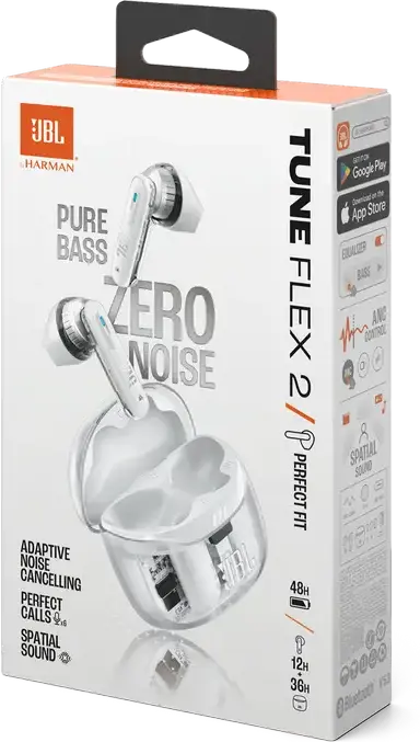 Casca JBL Tune Flex 2 Ghost True Wireless, Albă, Drivere Dinamice 12mm, Anulare Adaptivă a Zgomotului ANC, Baterie 48h, Rezistență IP54, Sunet Spatial