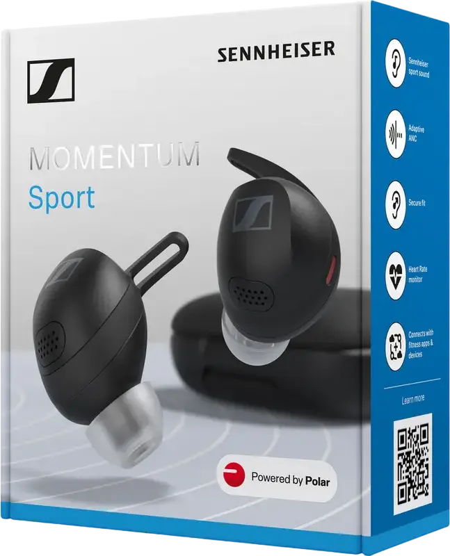 Беспроводные наушники Sennheiser Momentum Sport TWS, адаптивное шумоподавление ANC, защита IP55, датчики пульса и температуры Polar, Bluetooth 5.2, Цвет: Черный