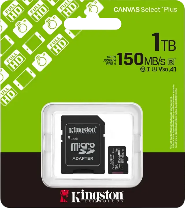 Kingston Canvas Select Plus 1TB microSDXC SDCS3/1TB Memory Card, UHS-I U3 V30 A1 Class 10, Up to 150MB/s Read Speed, with SD Adapter