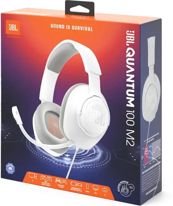 JBL Quantum 100M2 Wired Over-Ear Gaming Headset - White, with QuantumSOUND Signature, Detachable Boom Microphone, Memory Foam Ear Cushions, 3.5mm Jack