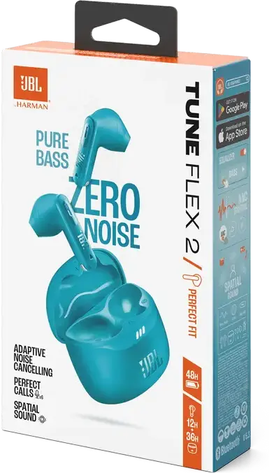 JBL Tune Flex 2 True Wireless Earbuds, Turquoise, Adaptive Noise Cancelling ANC, JBL Pure Bass & Spatial Sound, Smart Ambient, 48h Battery, Water & Dust Resistant