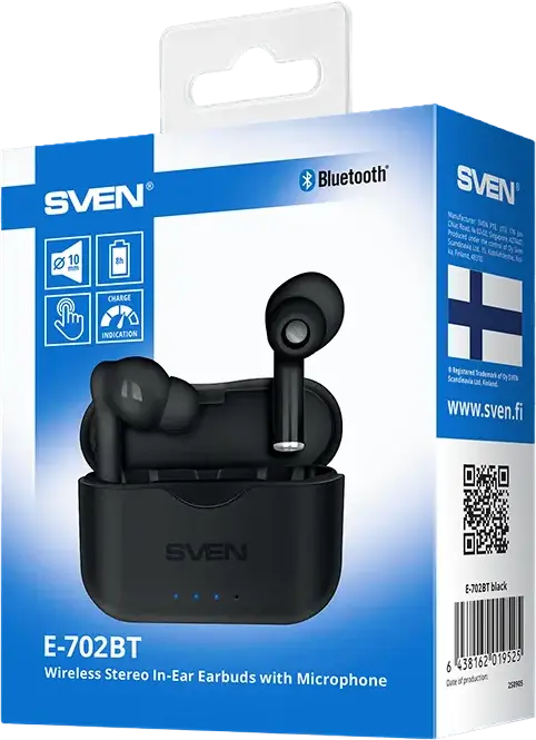 Casca TWS In-ear SVEN E-702BT Bluetooth cu Microfon Integrat, Driver 10mm, Etui de Incarcare USB-C cu Indicator LED, Culoare: Negru