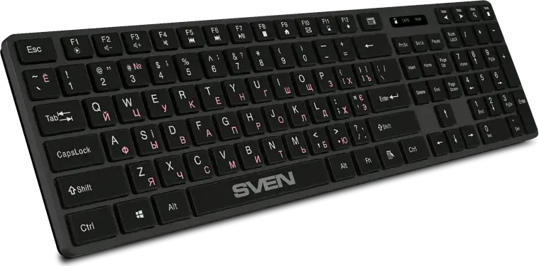 SVEN KB-E5300W Wireless Chiclet Keyboard, 2.4 GHz USB Nano Receiver, Membrane, 109 Keys, 12 Multimedia & 5 Shortcut Keys, EN/RU/UA Layout, Graphite Black
