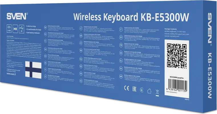 SVEN KB-E5300W Wireless Chiclet Keyboard, 2.4 GHz USB Nano Receiver, Membrane, 109 Keys, 12 Multimedia & 5 Shortcut Keys, EN/RU/UA Layout, Graphite Black