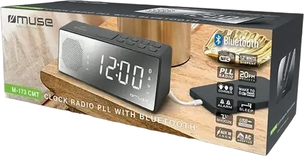 Radio Ceas Muse M-173 CMT cu Bluetooth, NFC, Radio FM PLL cu 20 de Preselectări, Dual Alarmă, Port Încărcare USB și Intrări Aux, Culoare: Gri