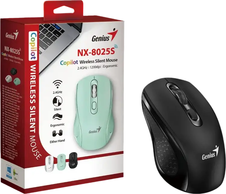 Genius NX-8025S Wireless Silent Mouse, Black, 2.4GHz Optical Sensor, 1600 DPI Adjustable, USB RF Receiver, Dedicated AI Copilot Button, Ergonomic Design, 10m Range