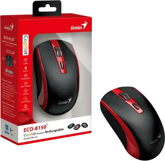 Genius ECO-8150 Copilot Wireless Rechargeable Optical Mouse, Red, 1200 DPI, 2.4GHz USB-A Receiver, AI Copilot Key, Ambidextrous, USB-C Charging