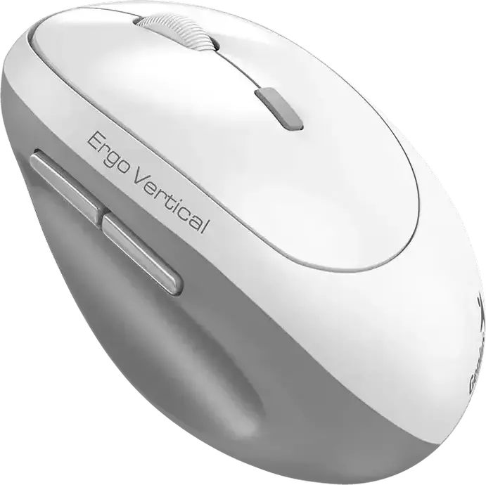 Genius Ergo 8350S Wireless Ergonomic Vertical Mouse, White/Grey, Dual Mode Bluetooth 5.3 & 2.4GHz USB Receiver, 2400 DPI Optical Sensor, Silent Click, AI Copilot Button, 55° Angle