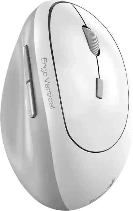 Genius Ergo 8350S Wireless Ergonomic Vertical Mouse, White/Grey, Dual Mode Bluetooth 5.3 & 2.4GHz USB Receiver, 2400 DPI Optical Sensor, Silent Click, AI Copilot Button, 55° Angle