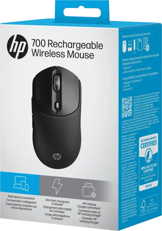 HP 700 Rechargeable Wireless Mouse AZ7B0AA, Bluetooth & 2.4GHz Wireless, 6000 DPI Optical Sensor, 7 Programmable Buttons with Copilot Key, Metal 4D Scroll Wheel, USB-C Charging, Liquid Silicone Rubber