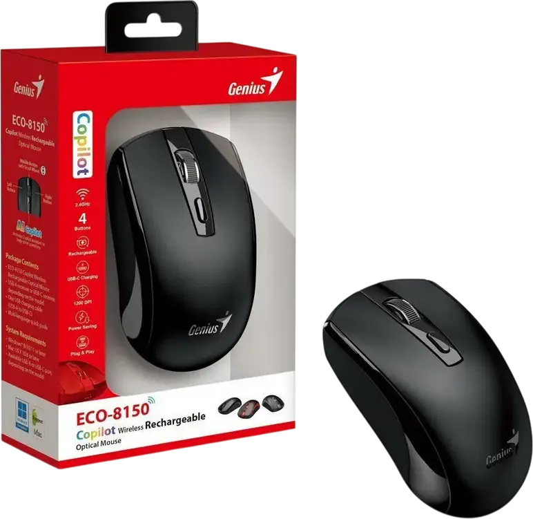 Genius ECO-8150 Copilot Wireless Rechargeable Optical Mouse, Black, 1200 DPI, 2.4GHz USB-A Receiver, AI Copilot Key, Ambidextrous, USB-C Charging