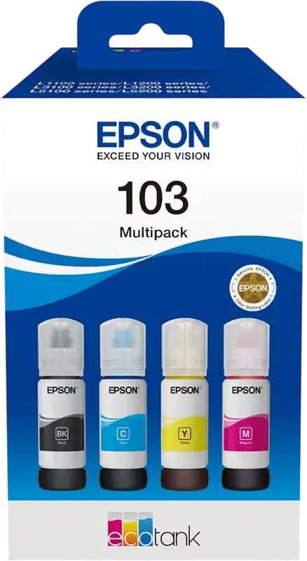Epson 103 EcoTank Ink Bottle Multipack C13T00S64A, BK C M Y, 4 x 65ml, High Yield 4500/7500 Pages for L1100 L1200 L3100 L3200 L5100 L6200 Printers