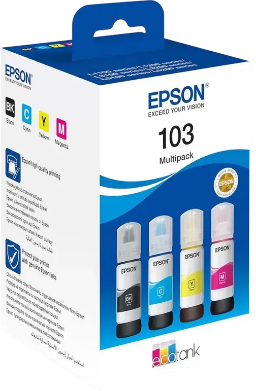 Epson 103 EcoTank Ink Bottle Multipack C13T00S64A, BK C M Y, 4 x 65ml, High Yield 4500/7500 Pages for L1100 L1200 L3100 L3200 L5100 L6200 Printers