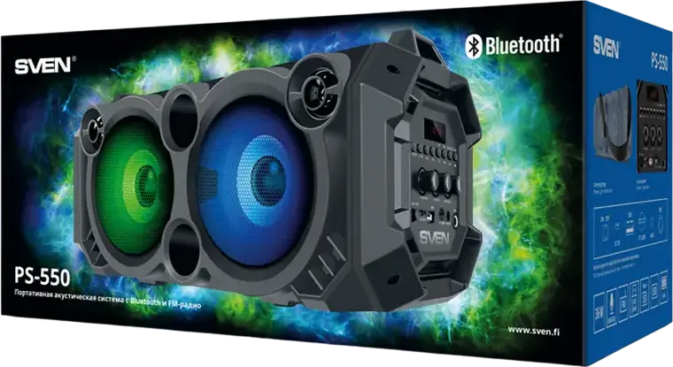 SVEN PS-550 Portable Bluetooth Karaoke Speaker, 36W RMS, RGB Backlight, TWS, FM Radio, Microphone Input with Echo, Li-Ion Battery, Color: Black