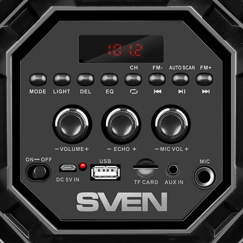 SVEN PS-550 Portable Bluetooth Karaoke Speaker, 36W RMS, RGB Backlight, TWS, FM Radio, Microphone Input with Echo, Li-Ion Battery, Color: Black