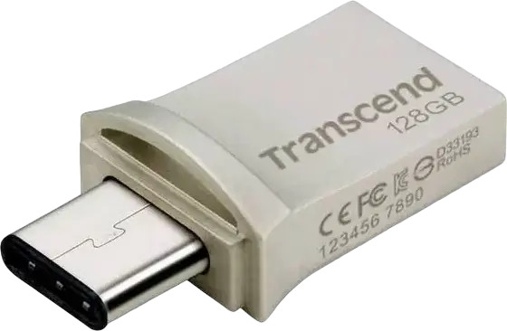 Transcend JetFlash 890 Dual USB 3.1 Gen 1 Type-C and Type-A Flash Drive, 128 GB, COB Metallic Splashproof Dust-Resistant OTG USB Stick, Silver