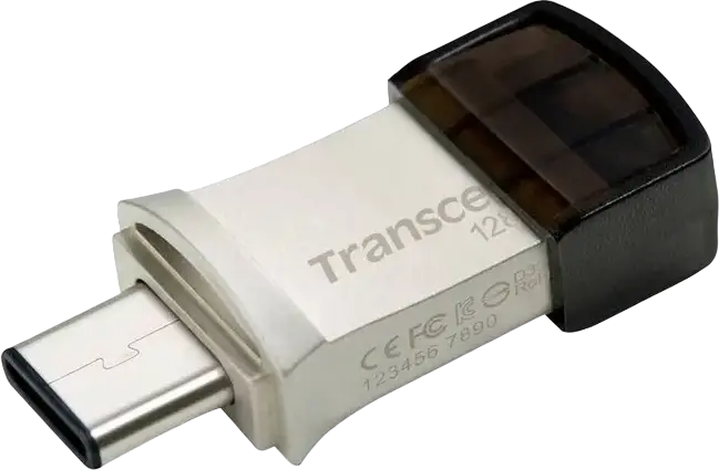 Transcend JetFlash 890 Dual USB 3.1 Gen 1 Type-C and Type-A Flash Drive, 128 GB, COB Metallic Splashproof Dust-Resistant OTG USB Stick, Silver