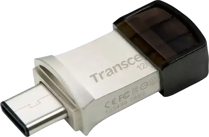 Transcend JetFlash 890 Dual USB 3.1 Gen 1 Type-C and Type-A Flash Drive, 128 GB, COB Metallic Splashproof Dust-Resistant OTG USB Stick, Silver