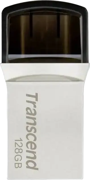 Transcend JetFlash 890 Dual USB 3.1 Gen 1 Type-C and Type-A Flash Drive, 128 GB, COB Metallic Splashproof Dust-Resistant OTG USB Stick, Silver